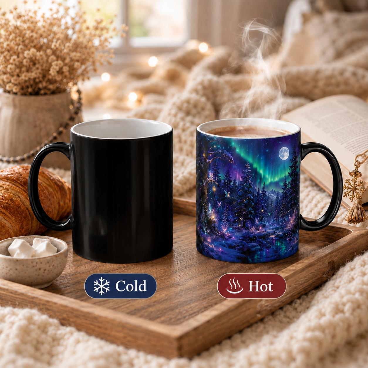 Enchanted Forest gift, color changing mug showing hot and cold featuring a brilliant aurora above a detailed mountain and forest landscape.