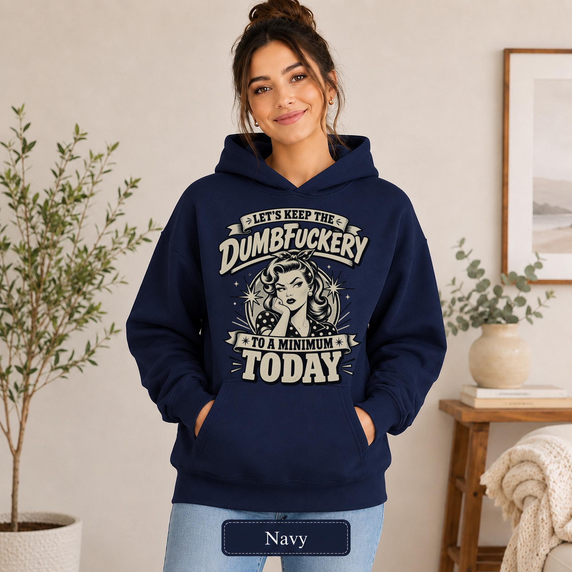 Woman modeling a navy Gildan 18500 hoodie with blank front, kangaroo pocket, relaxed unisex style, and navy color label.