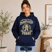 Woman modeling a navy Gildan 18500 hoodie with blank front, kangaroo pocket, relaxed unisex style, and navy color label.