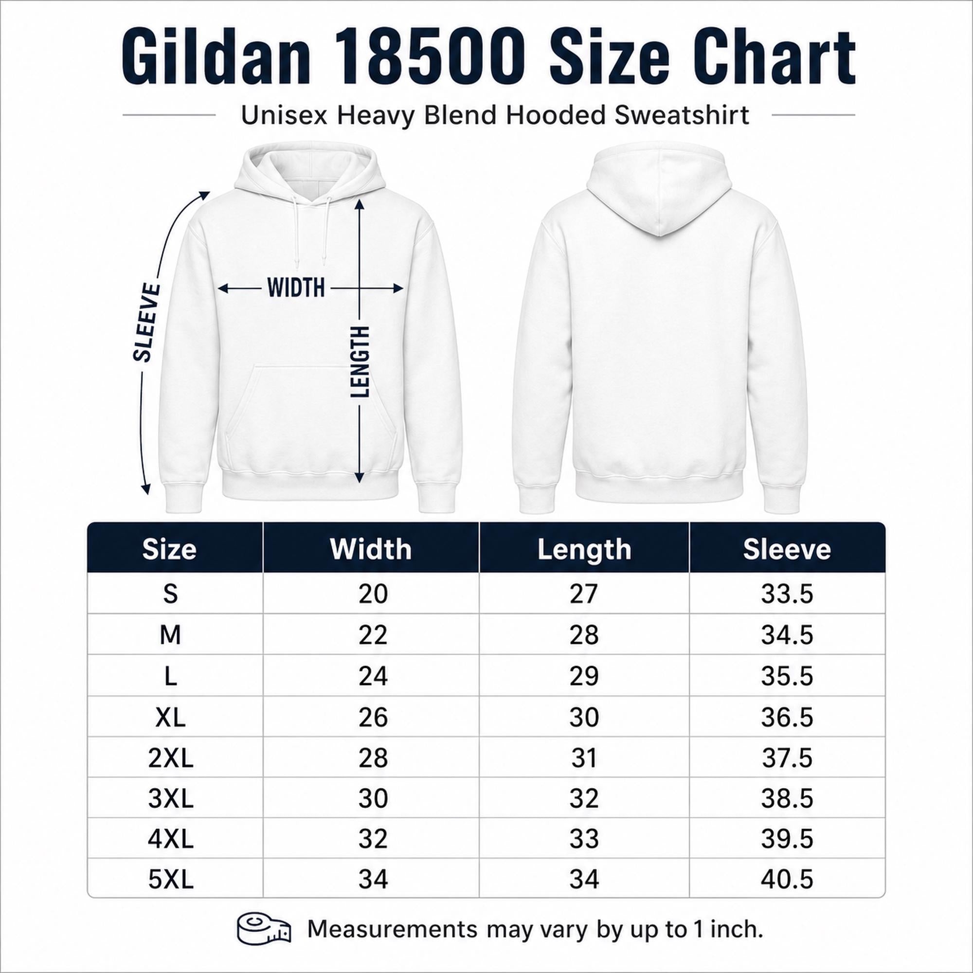 Gildan 18500 unisex heavy blend hoodie size chart showing width, length, and sleeve measurements from small through 5XL.