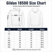 Gildan 18500 unisex heavy blend hoodie size chart showing width, length, and sleeve measurements from small through 5XL.
