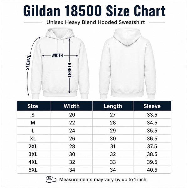 Gildan 18500 unisex heavy blend hoodie size chart showing width, length, and sleeve measurements from small through 5XL.