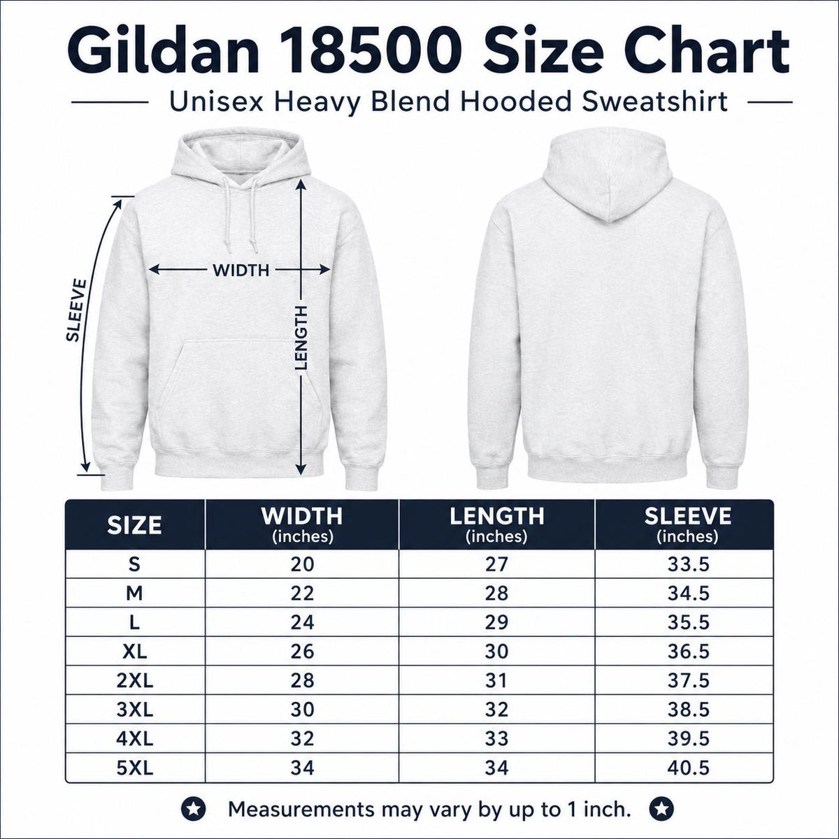 Gildan 18500 unisex heavy blend hoodie size chart showing width, length, and sleeve measurements from size small through 5XL.