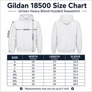 Gildan 18500 unisex heavy blend hoodie size chart showing width, length, and sleeve measurements from size small through 5XL.