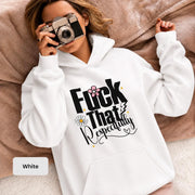 White Gildan 18500 hoodie shown on a woman holding a retro camera, featuring the “Fuck That Respectfully” graphic with flowers and script lettering.