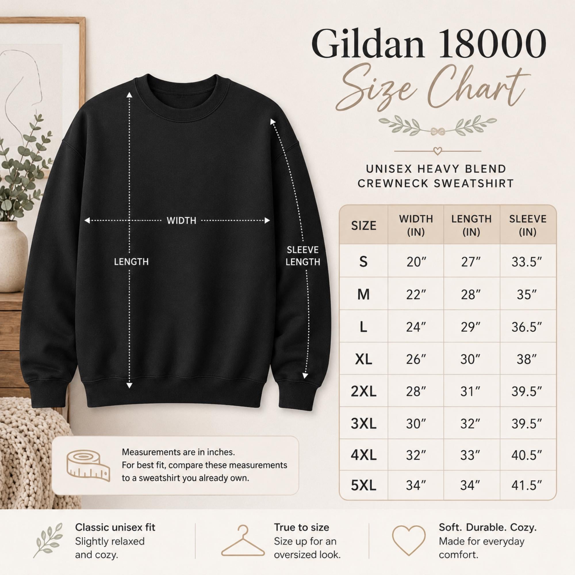 Size chart Vintage-inspired Halloween crewneck featuring ghost, pumpkin bucket, daisies, crescent moon, and stars.