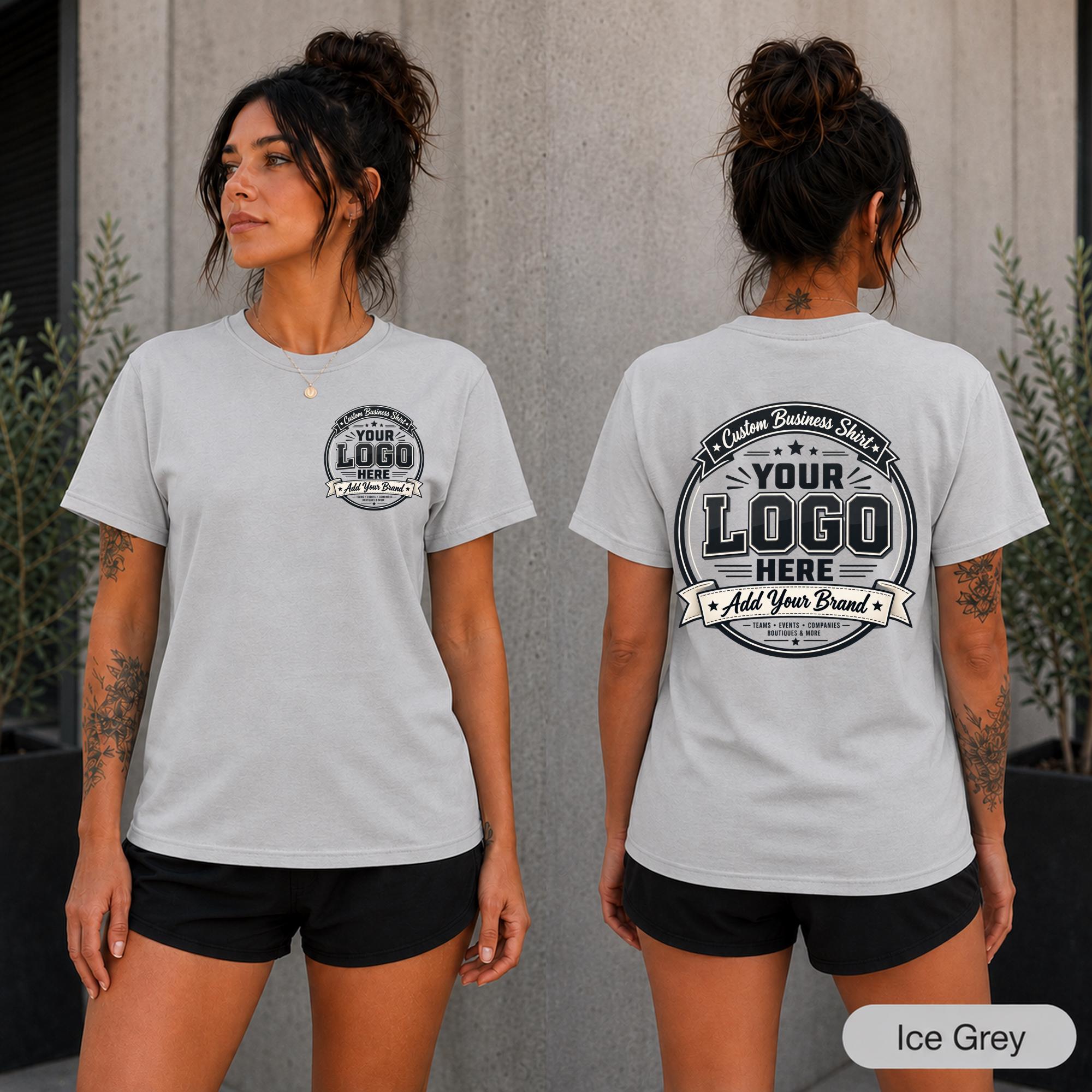 Ice Grey custom business T-shirt shown from the front and back with placeholder company logo artwork.
