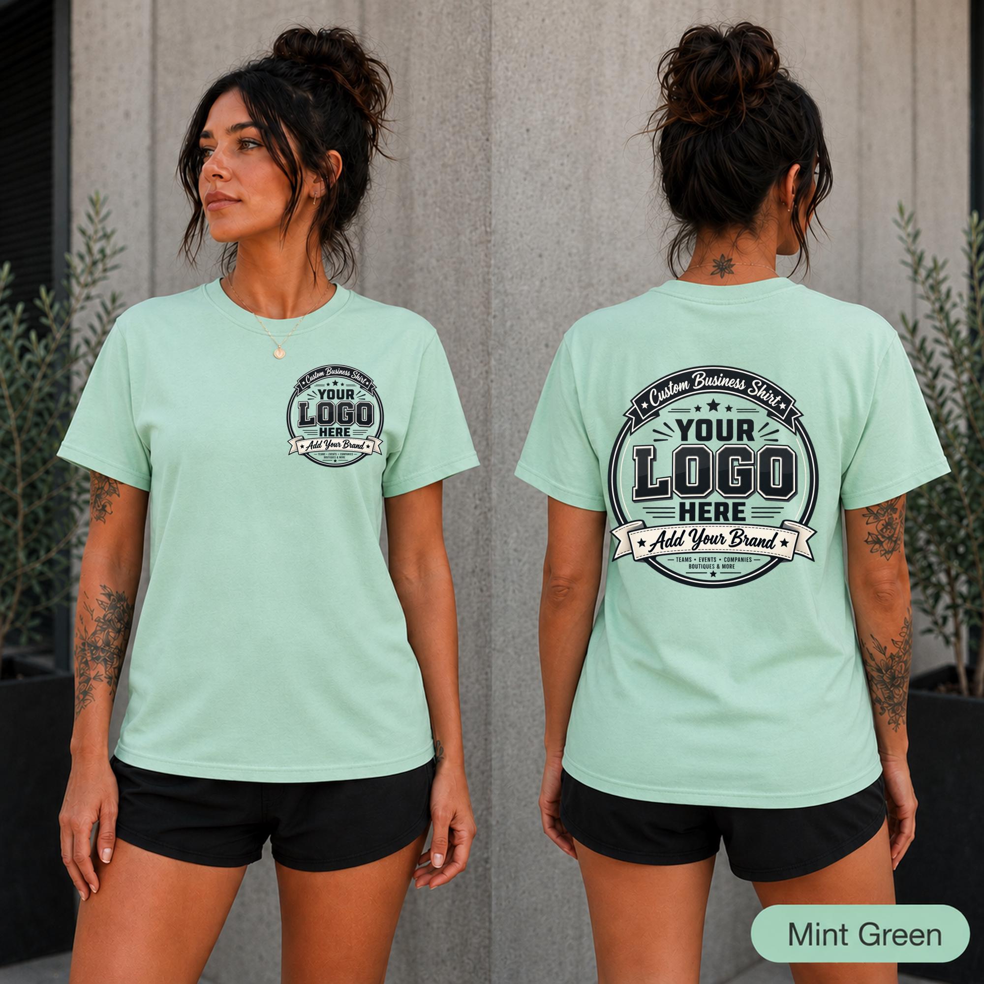 Custom logo work shirt featuring a small left chest design and large business logo printed on the back.