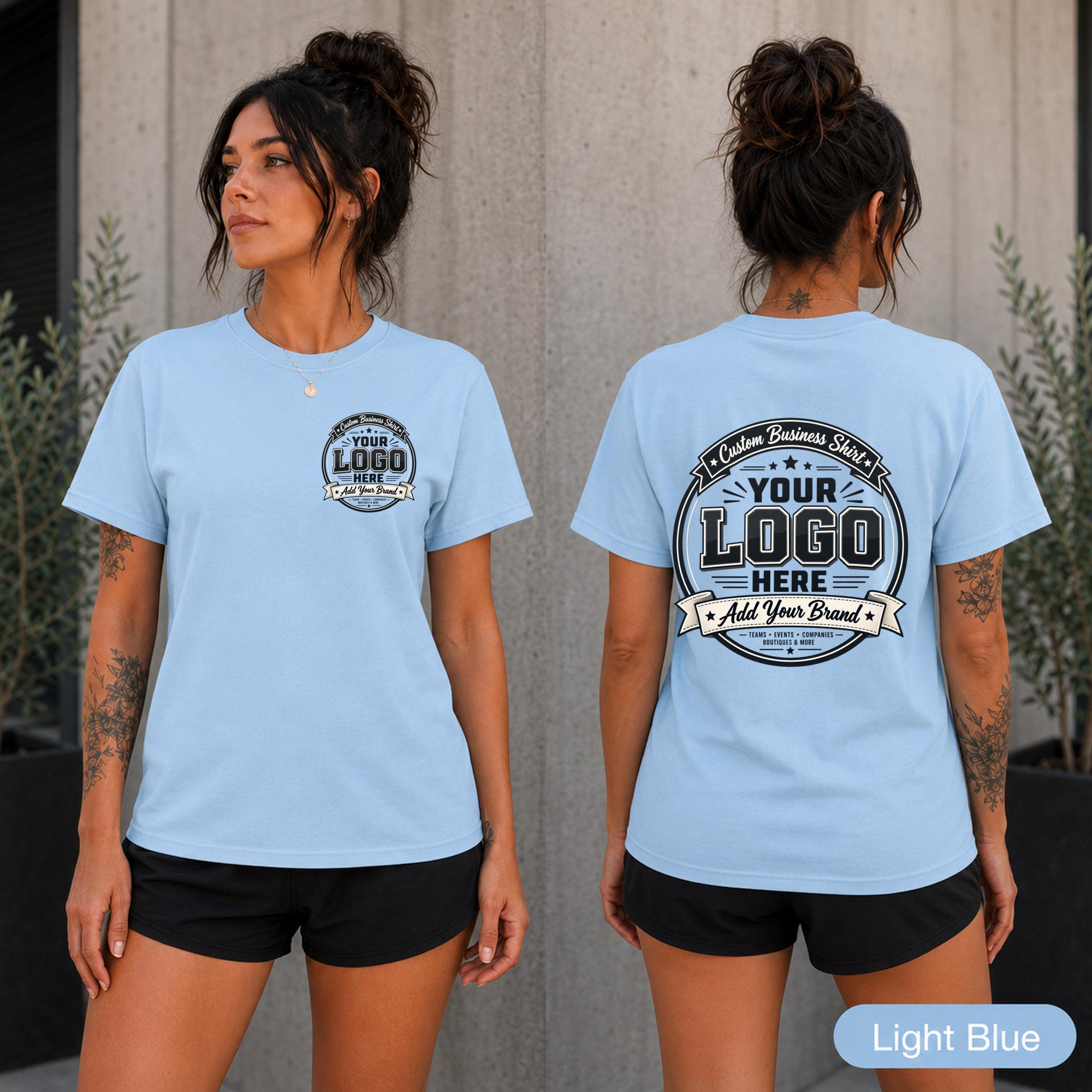 Small business logo shirt mockup featuring professional front and rear print placement.