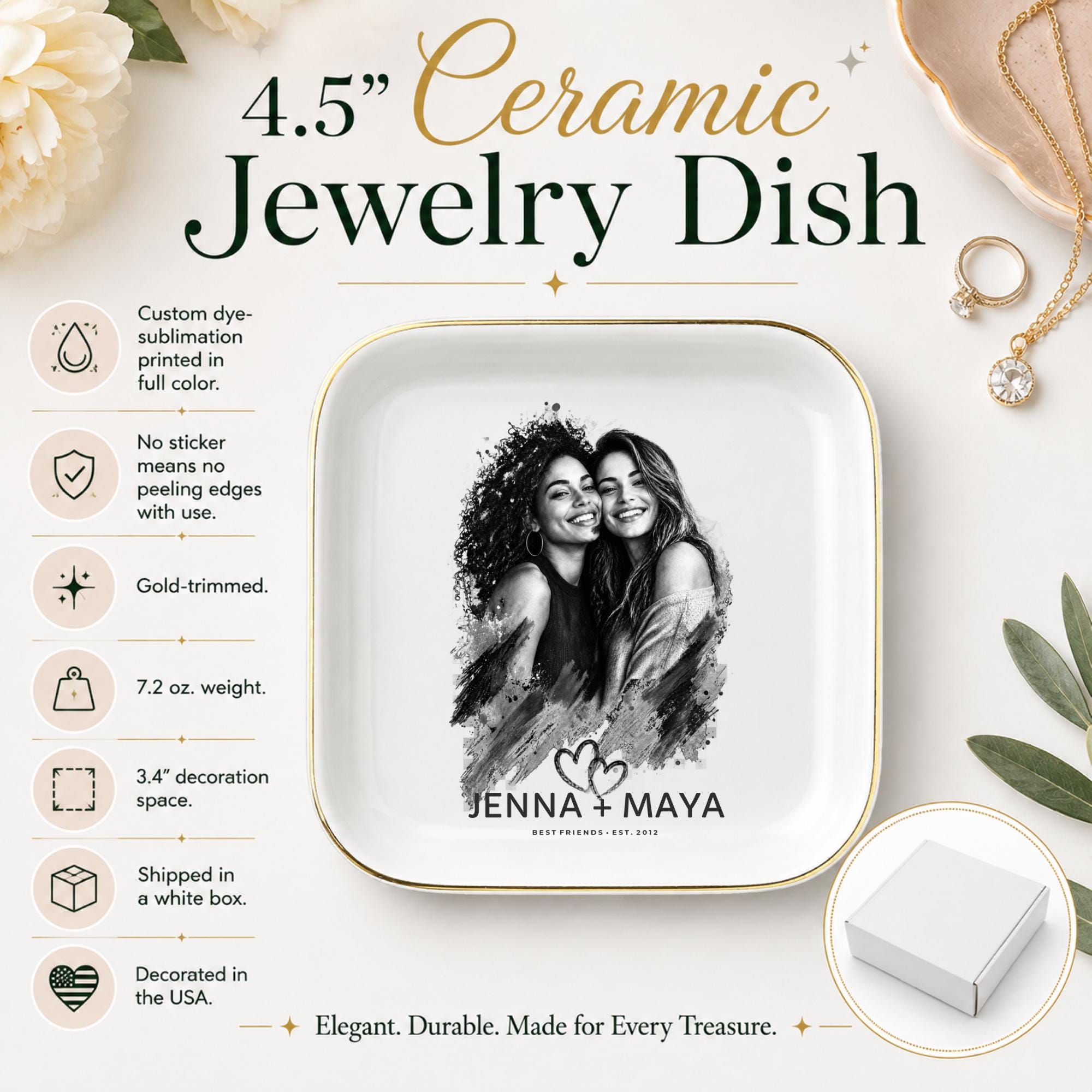 Size chart personalized best friend jewelry dish featuring a custom black-and-white photo, two names, established year, heart design, and gold rim.