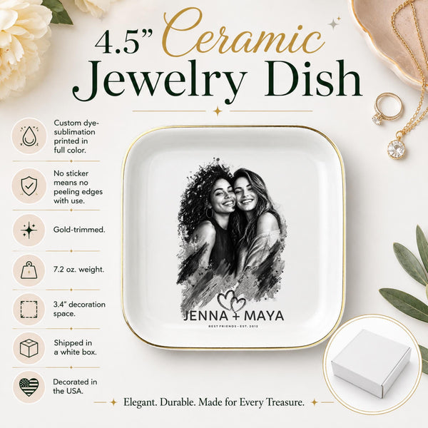 Size chart personalized best friend jewelry dish featuring a custom black-and-white photo, two names, established year, heart design, and gold rim.