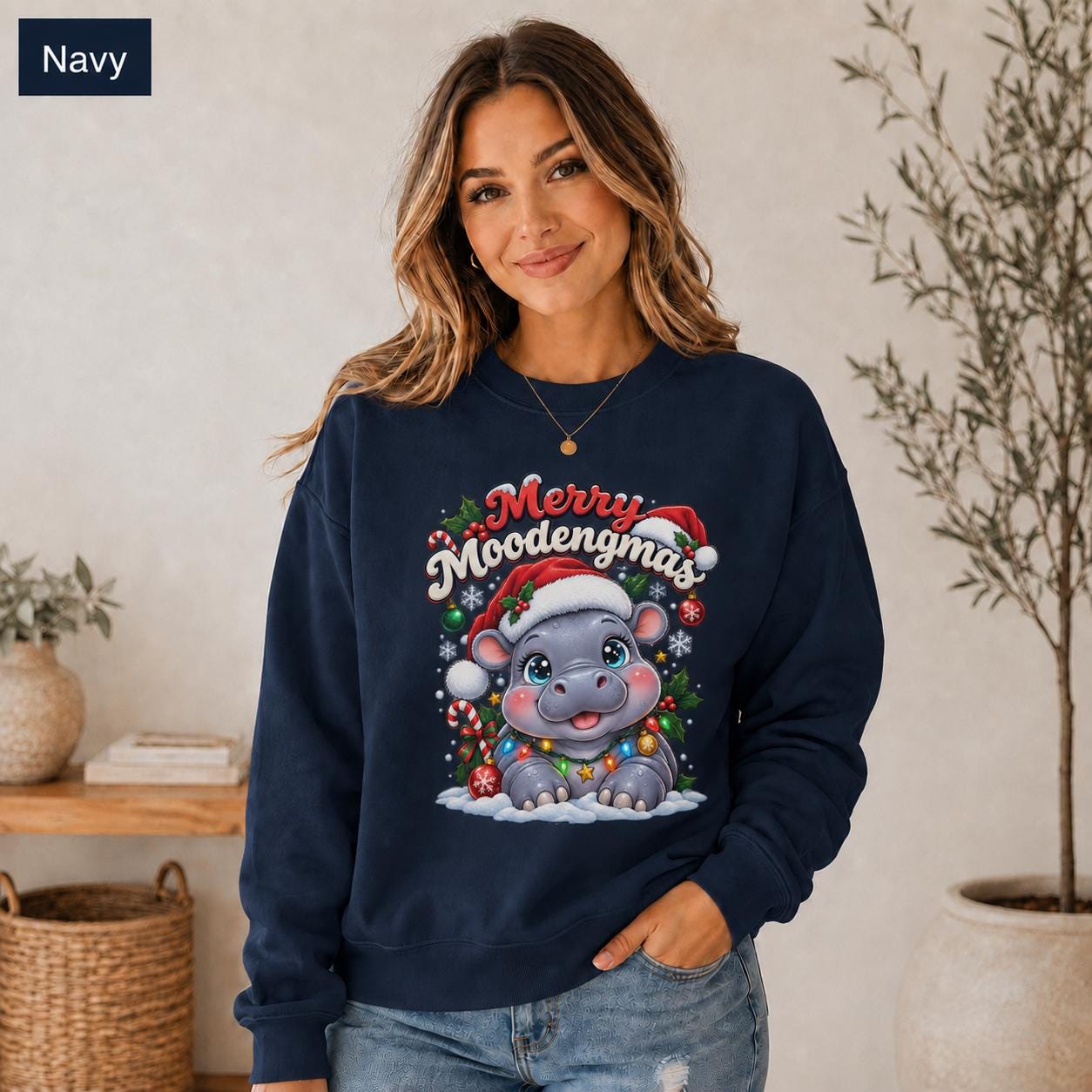 Navy Christmas sweatshirt featuring a cute hippo in a Santa hat with Merry Moodengmas text, candy canes, ornaments, holly, and snowflakes.