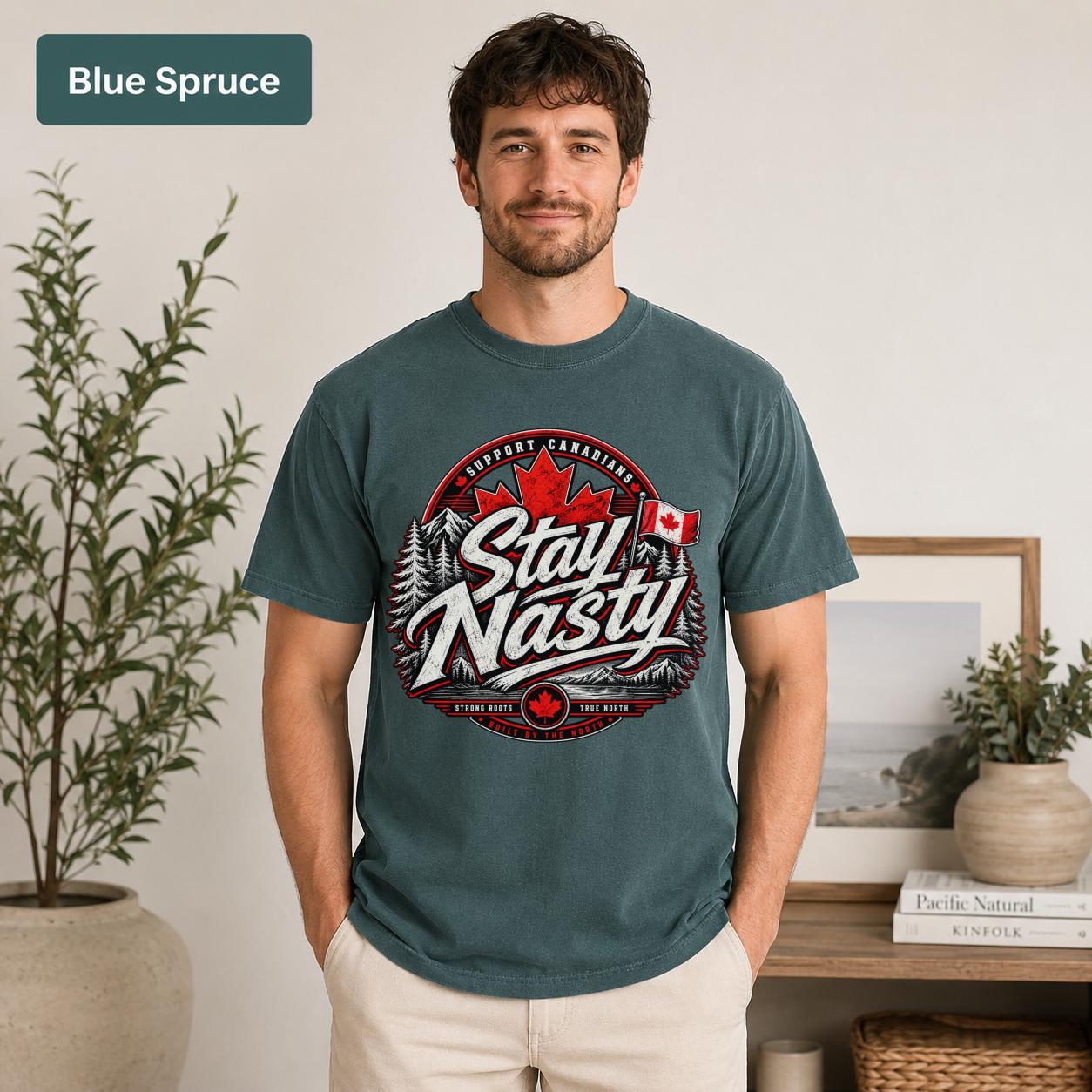 Patriotic Canadian shirt featuring Stay Nasty wording in red, white, and black on blue fabric.