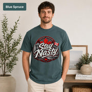 Patriotic Canadian shirt featuring Stay Nasty wording in red, white, and black on blue fabric.