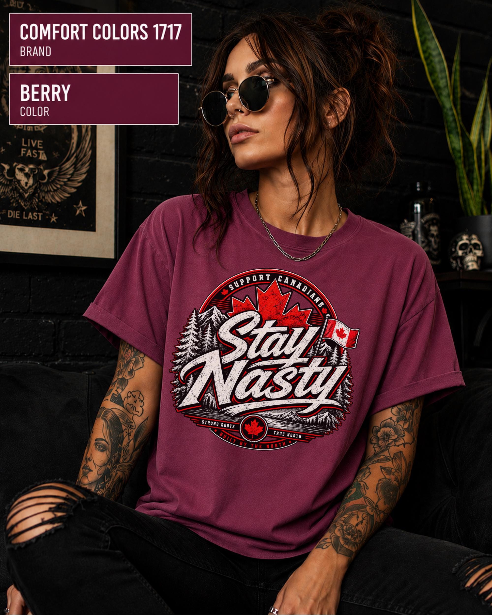 Canada Day shirt featuring red and white flag details with large Stay Nasty typography.