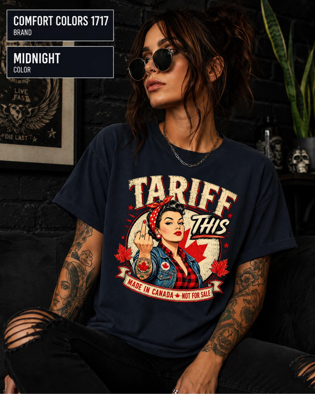 Woman wearing a Midnight Comfort Colors 1717 shirt with Tariff This text, Canadian flag, maple leaves, and retro pin-up artwork.