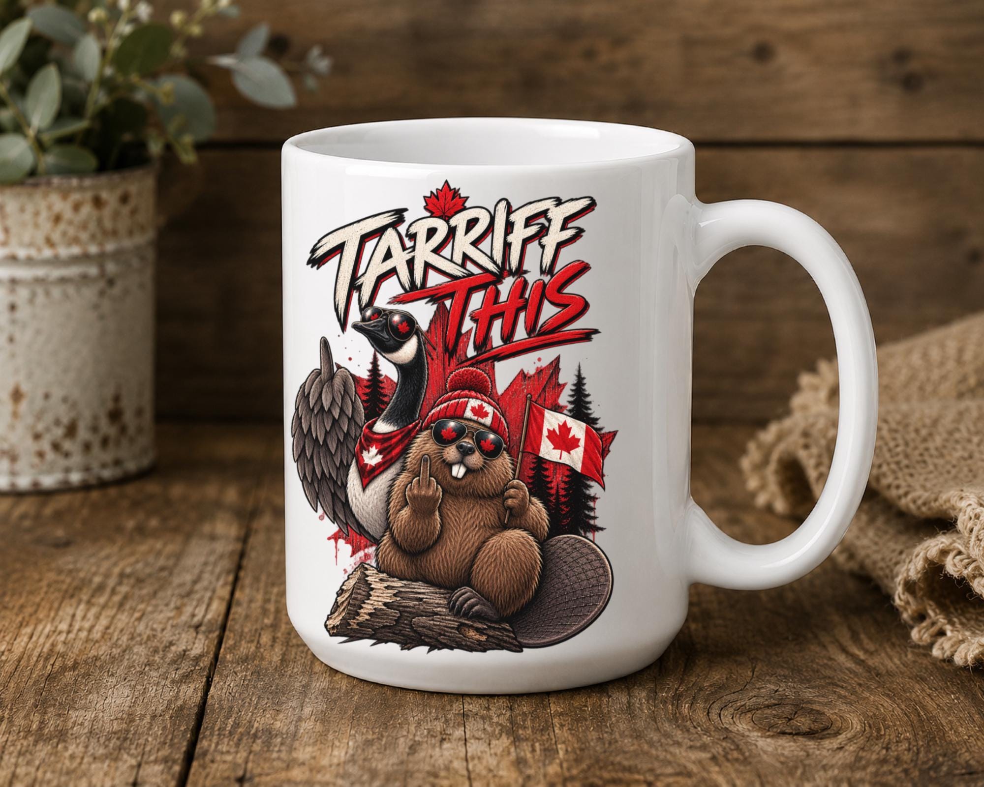 White Canada mug with funny Tariff This graphic featuring a beaver and goose in red and black details.