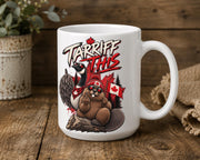 White Canada mug with funny Tariff This graphic featuring a beaver and goose in red and black details.