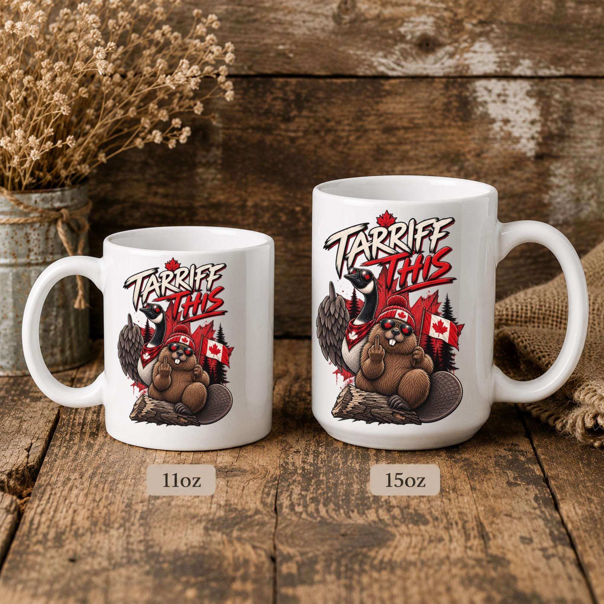Canadian humor coffee cup featuring a beaver, goose, maple leaf, and bold patriotic artwork.