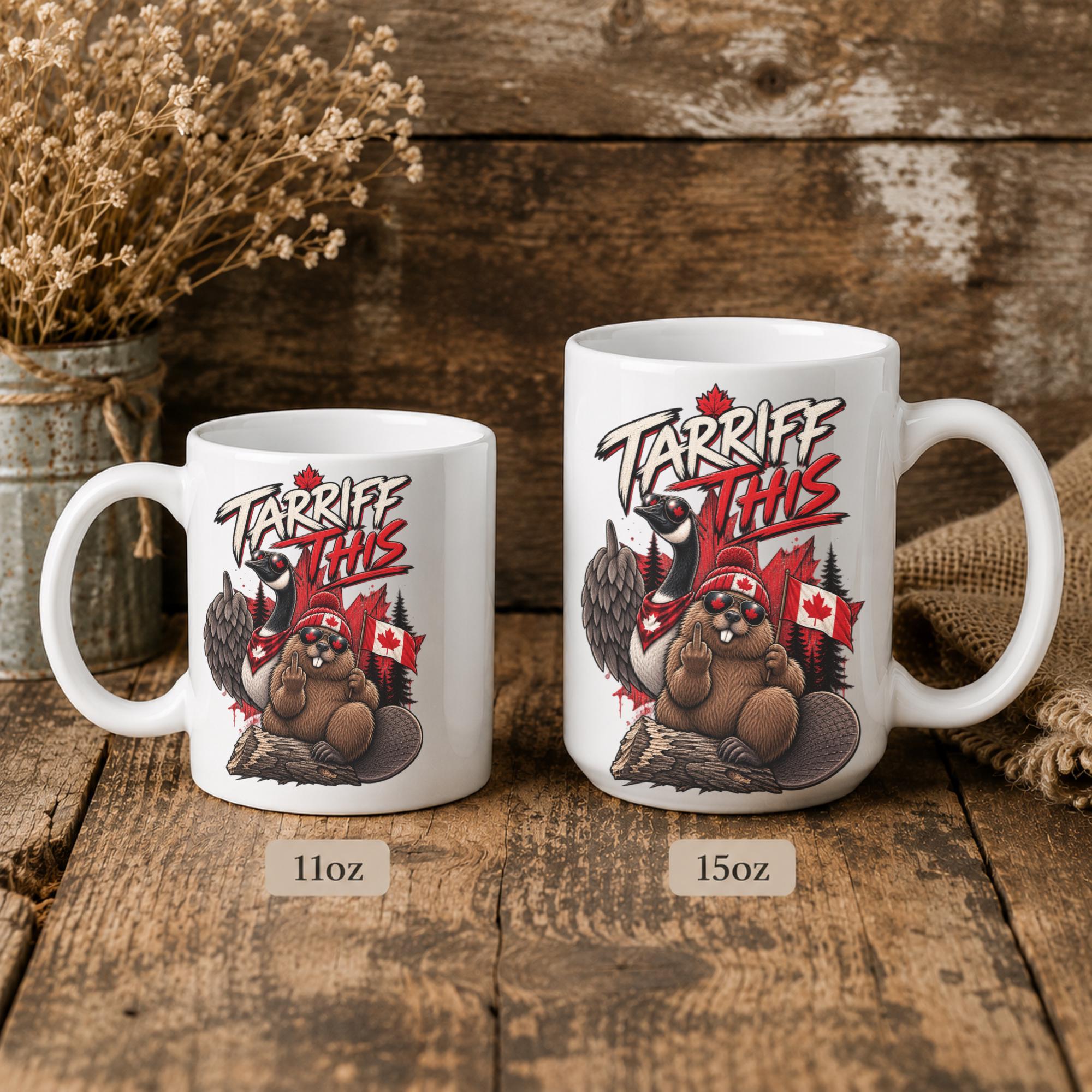 ariff This Canadian coffee mugs in 11 oz and 15 oz sizes featuring a beaver, Canada goose, maple leaves, and flag artwork.