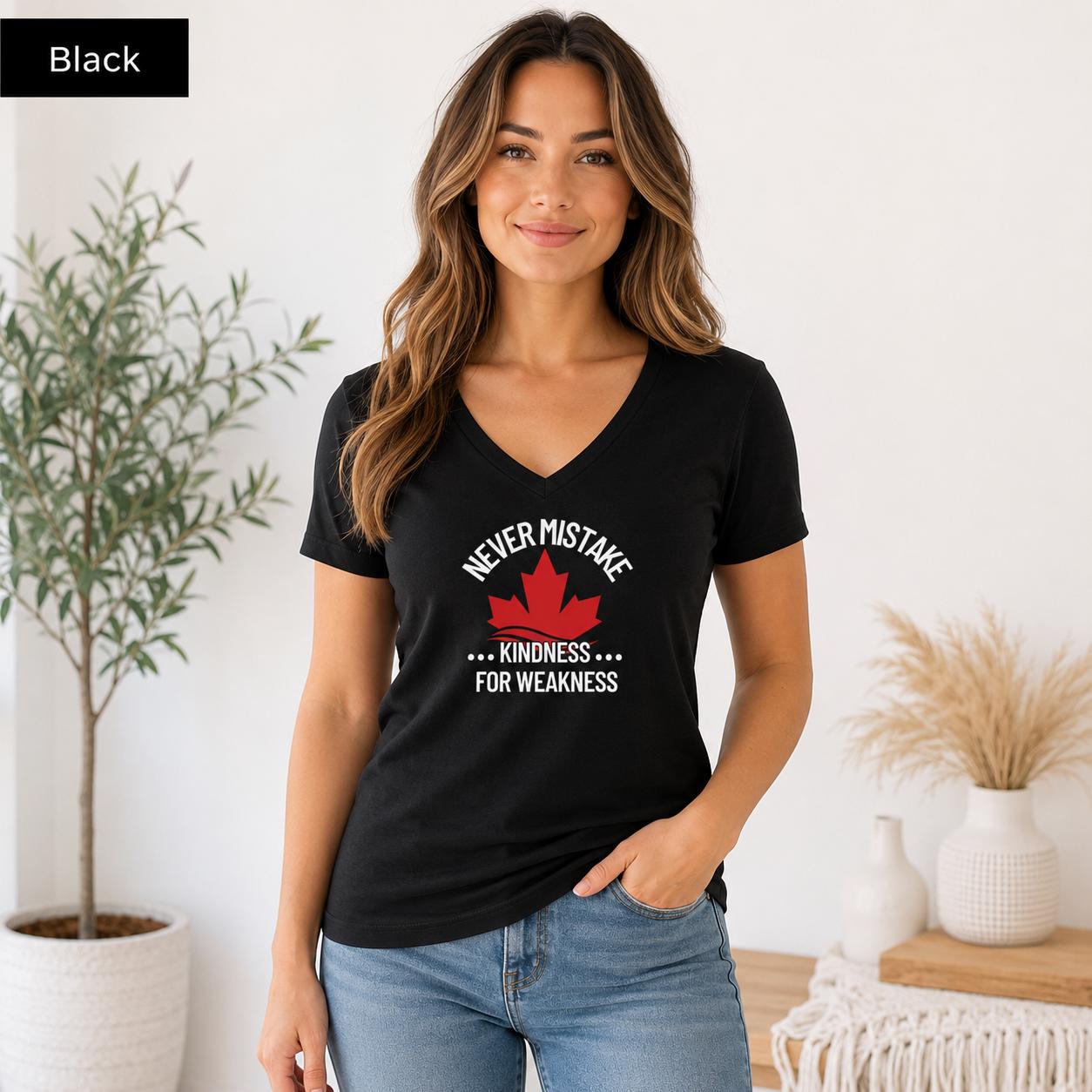 Bella Canvas 3005 black V-neck T-shirt mockup with red maple leaf and Never Mistake Kindness for Weakness design on female model.