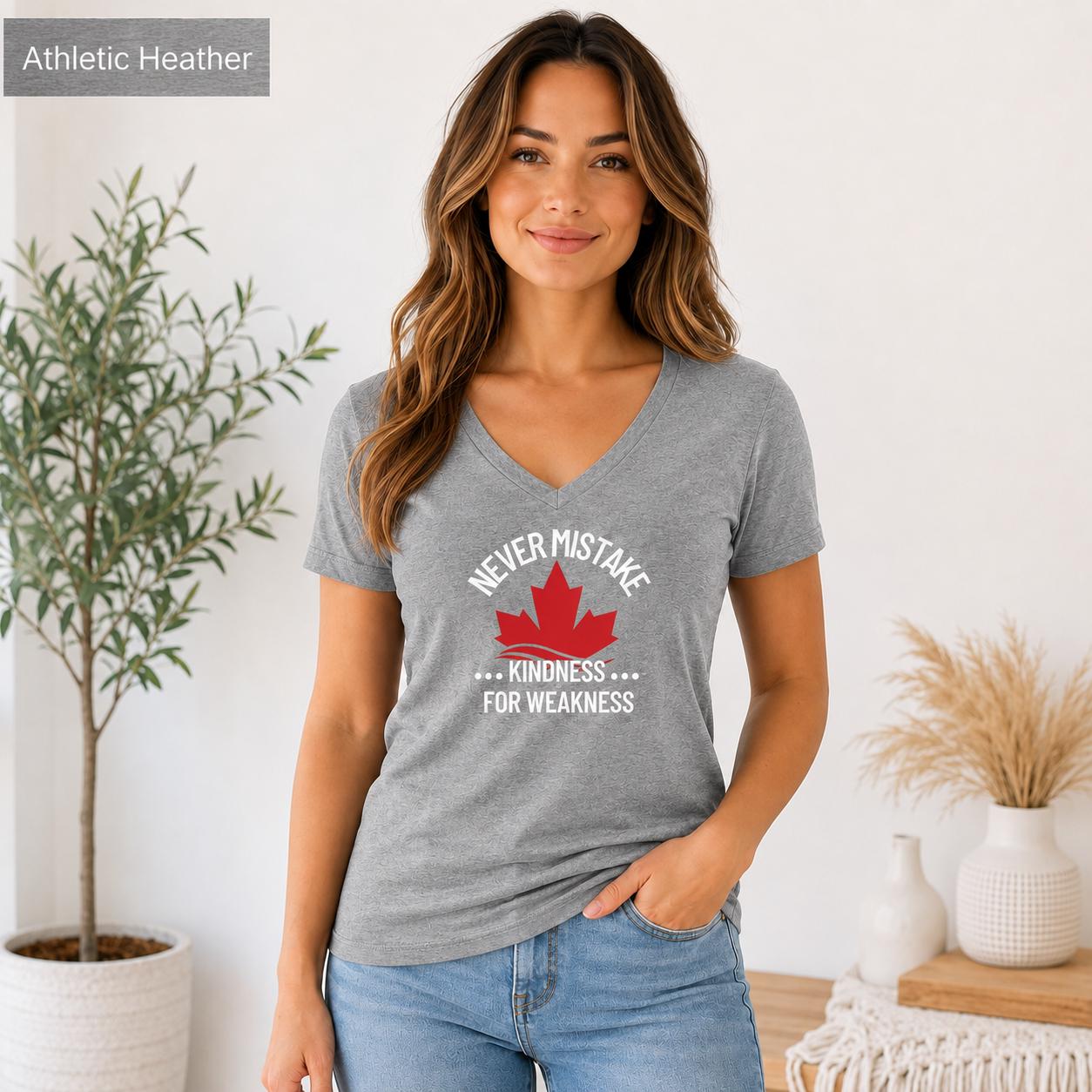 Athletic heather Bella Canvas 3005 V-neck shirt mockup with red maple leaf and bold kindness message.