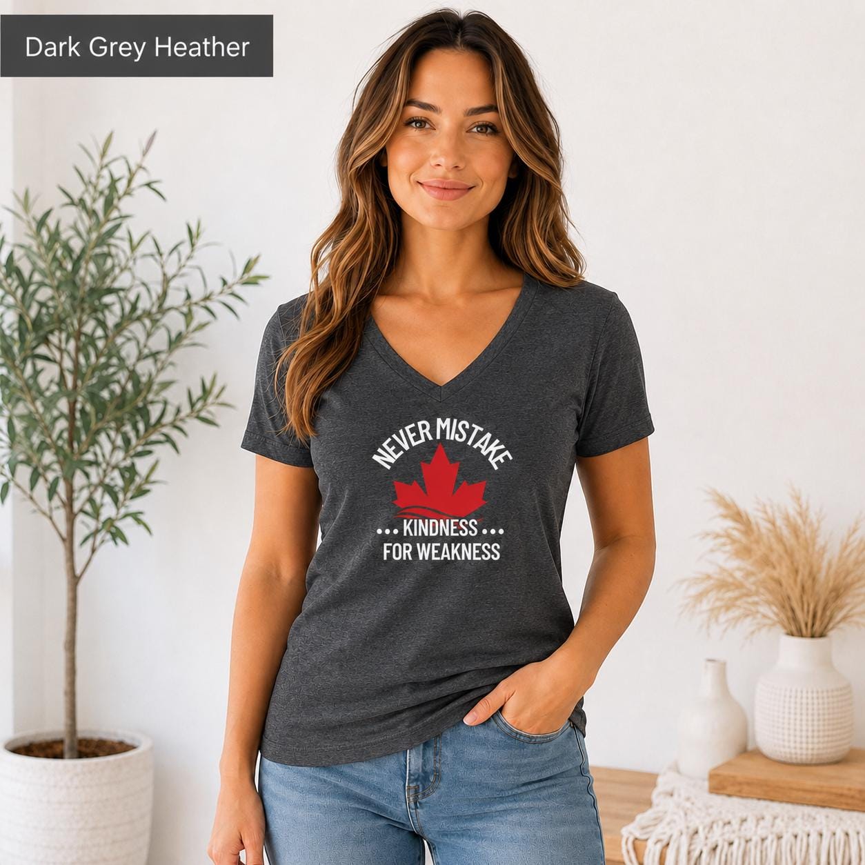 Dark grey heather Bella Canvas 3005 women’s V-neck tee with Canadian maple leaf and kindness quote design.