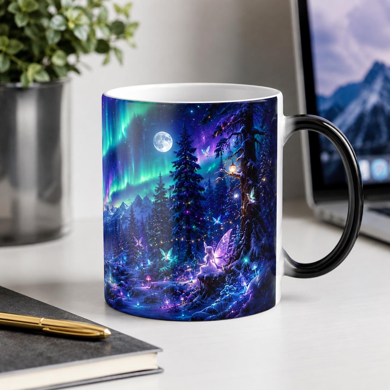 Aurora borealis mug with blue, green, and purple night sky artwork over a snowy woodland landscape.