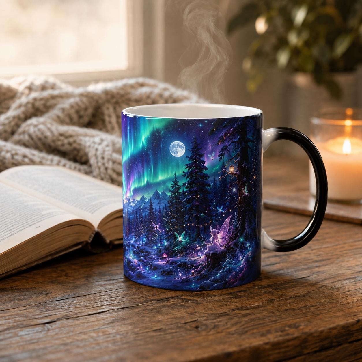 Fantasy forest coffee cup featuring glowing celestial scenery, evergreen trees, stars, and a full moon.