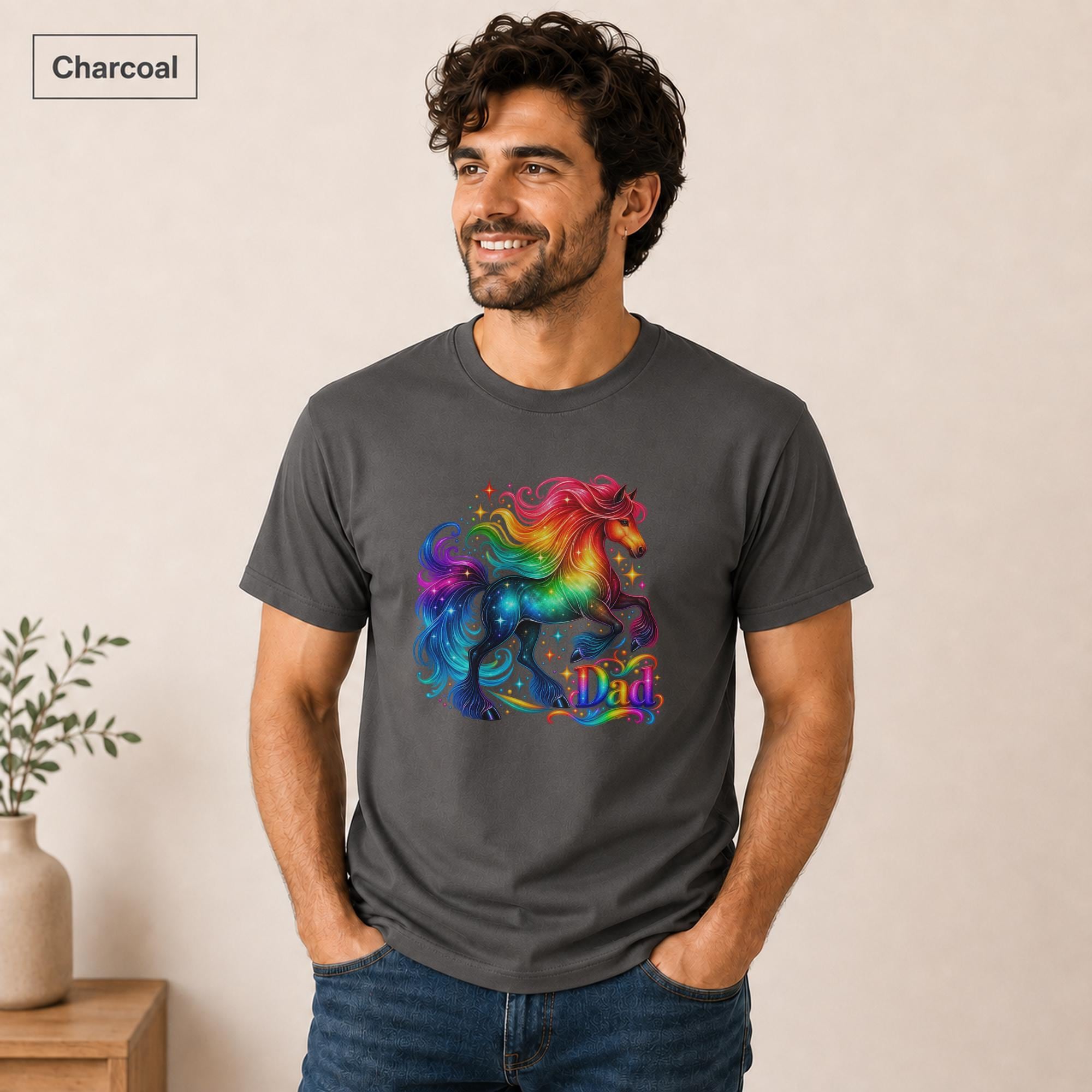 Rainbow horse graphic tee for LGBTQ men with vivid Pride colors and celestial accents.