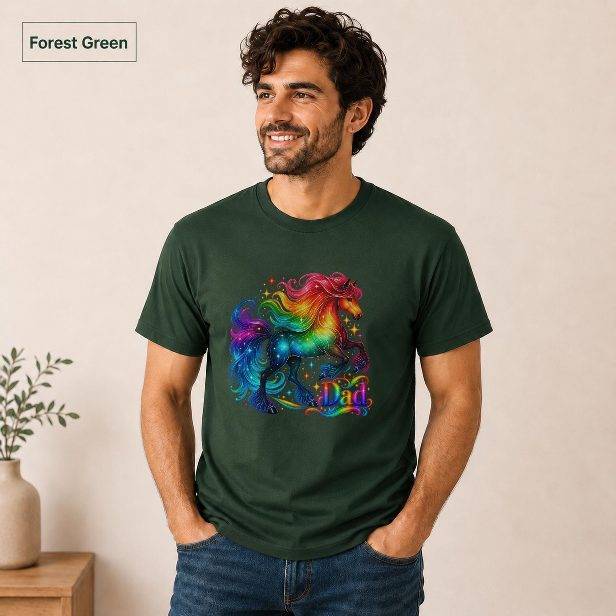 Forest green Pride shirt featuring a colorful stallion design created for gay fathers.