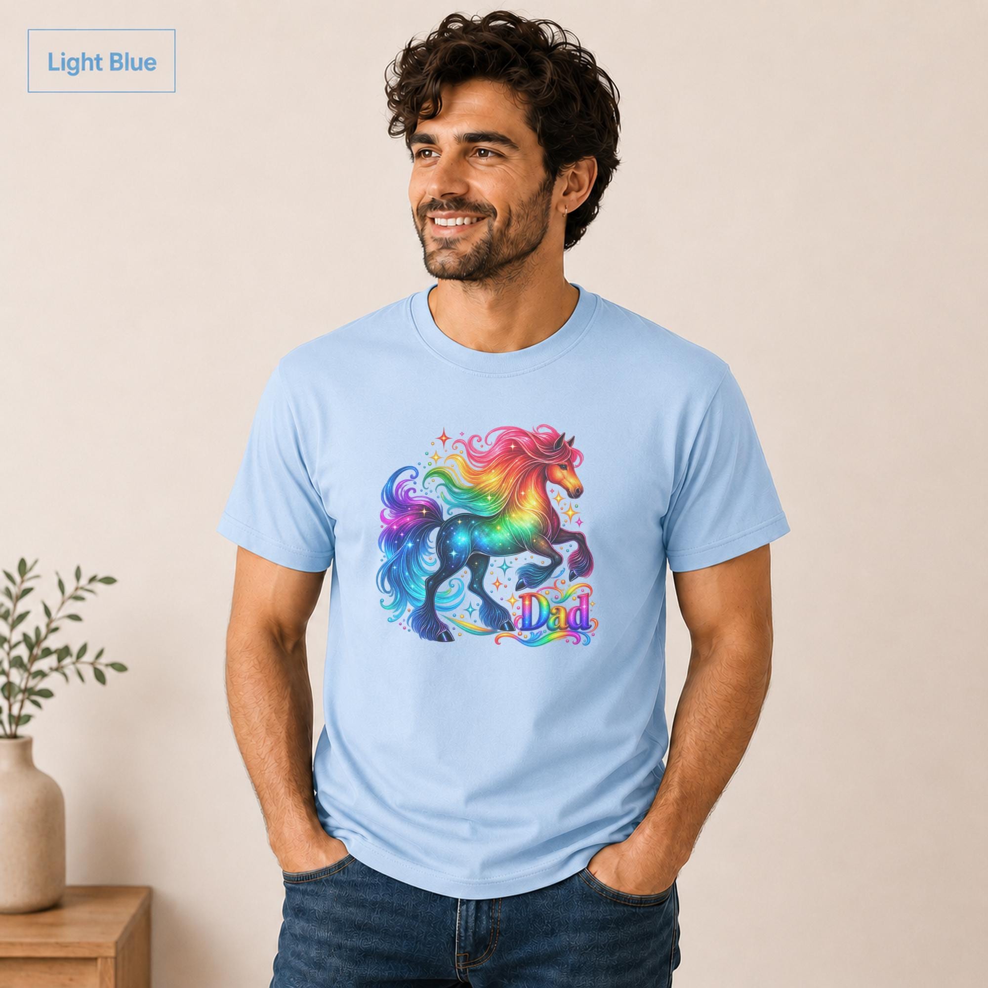 Pride horse shirt for men with blue, green, red, purple, and gold artwork.