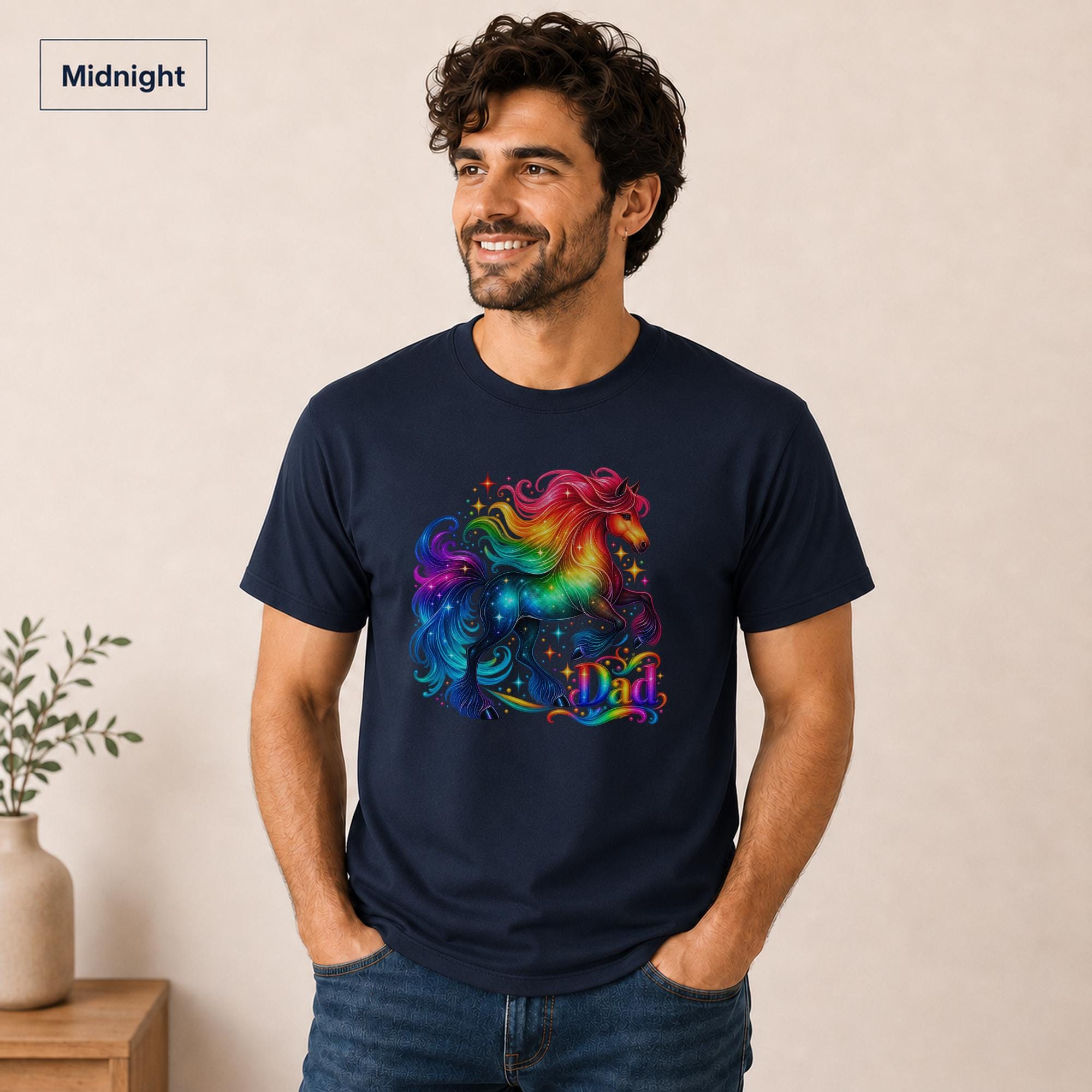 Queer dad shirt featuring a vibrant rainbow stallion on a midnight tee.