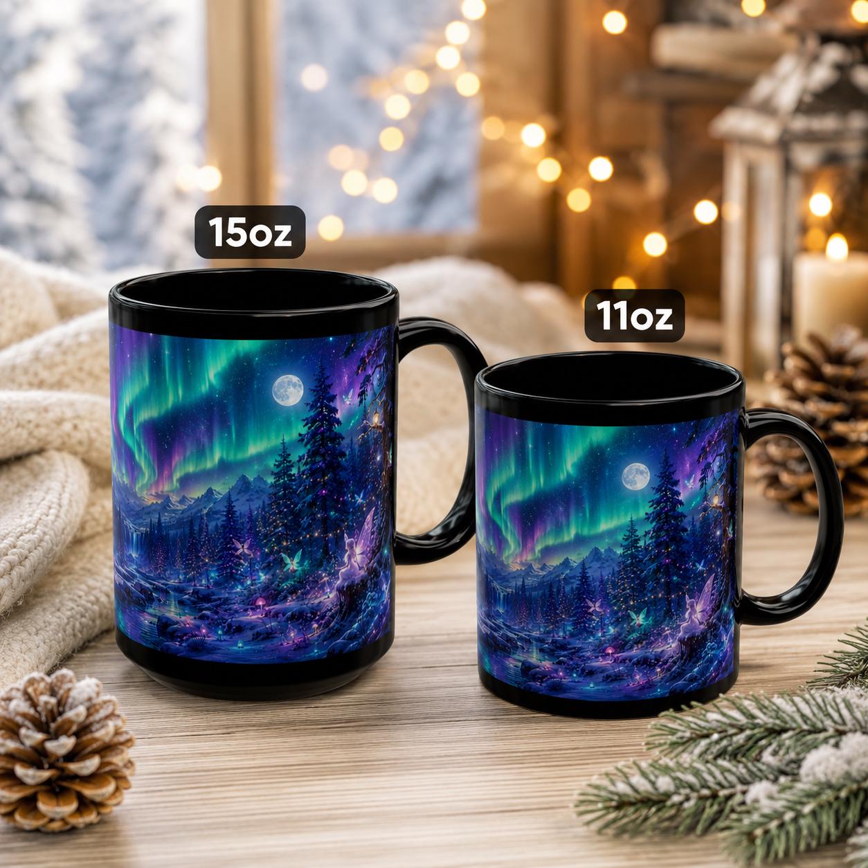 Black Northern Lights mugs in 11 oz and 15 oz sizes featuring colorful aurora and moonlit forest artwork.