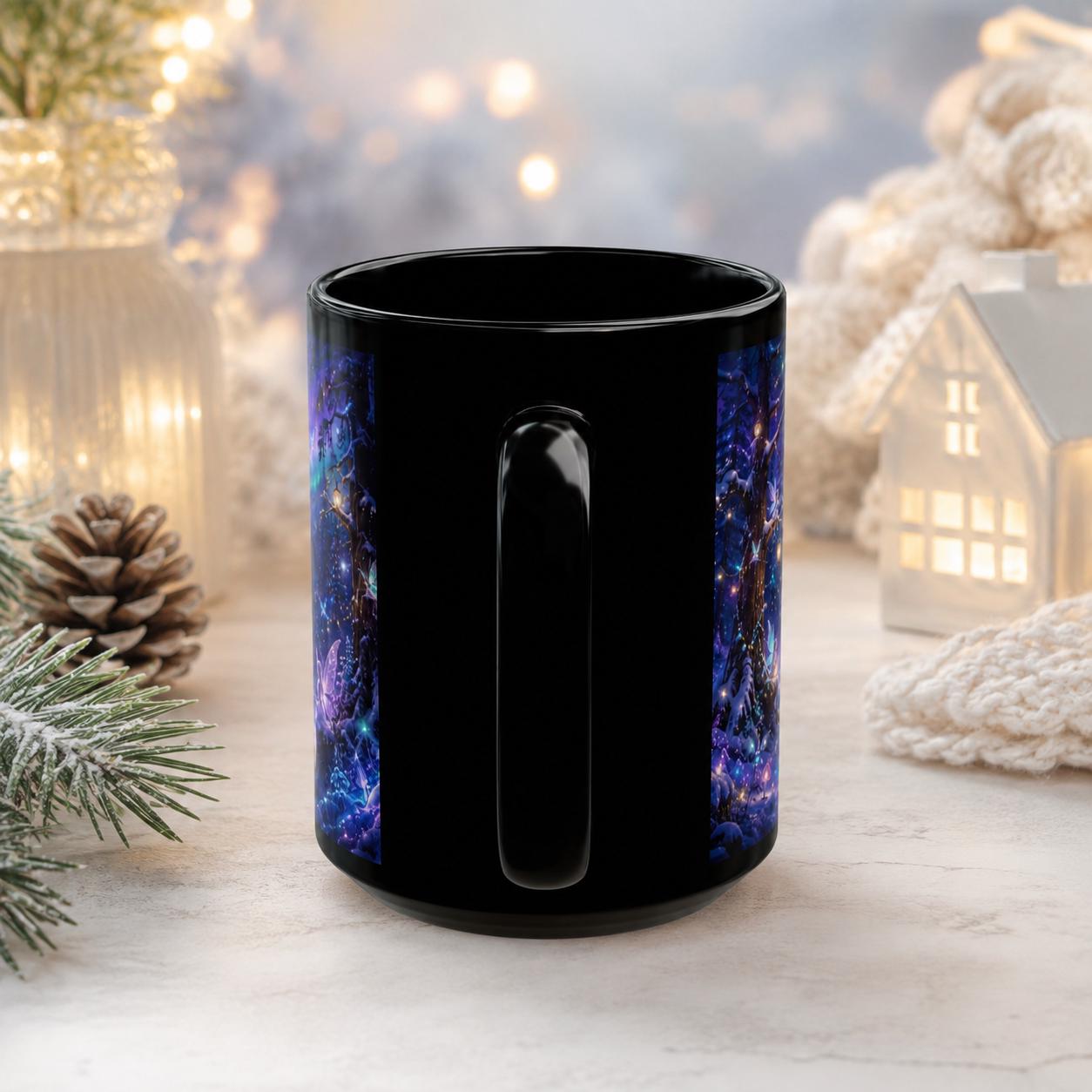 Nature lover coffee mug with dramatic aurora borealis landscape on black ceramic.