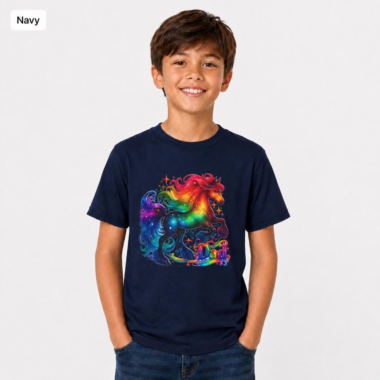 Navy youth Gildan 5000B T-shirt mockup with vibrant rainbow horse artwork displayed on a smiling boy model.