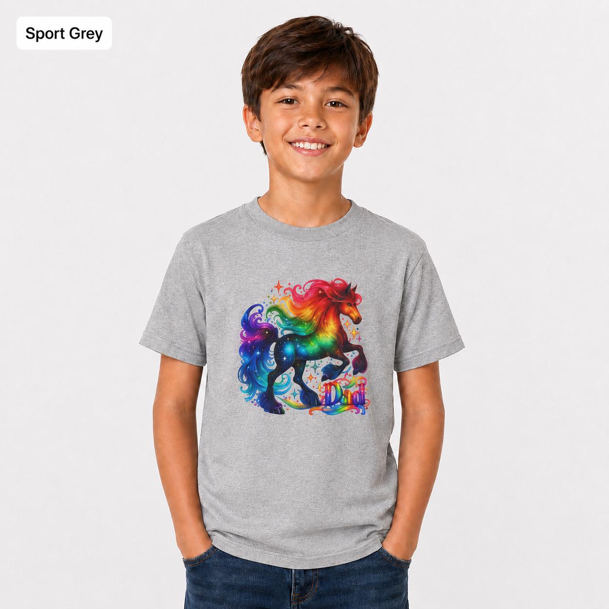Sport grey Gildan 5000B youth shirt mockup with a vivid rainbow unicorn illustration centered on the front.