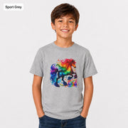 Sport grey Gildan 5000B youth shirt mockup with a vivid rainbow unicorn illustration centered on the front.