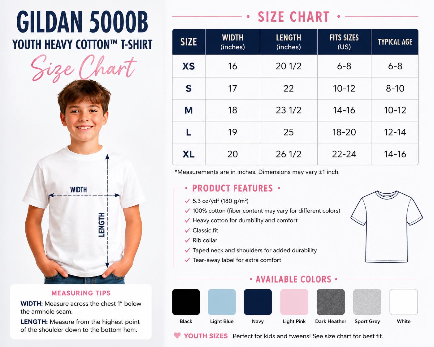 Gildan 5000B youth T-shirt size chart showing XS to XL measurements, shirt width, length, available colors, and fit details.