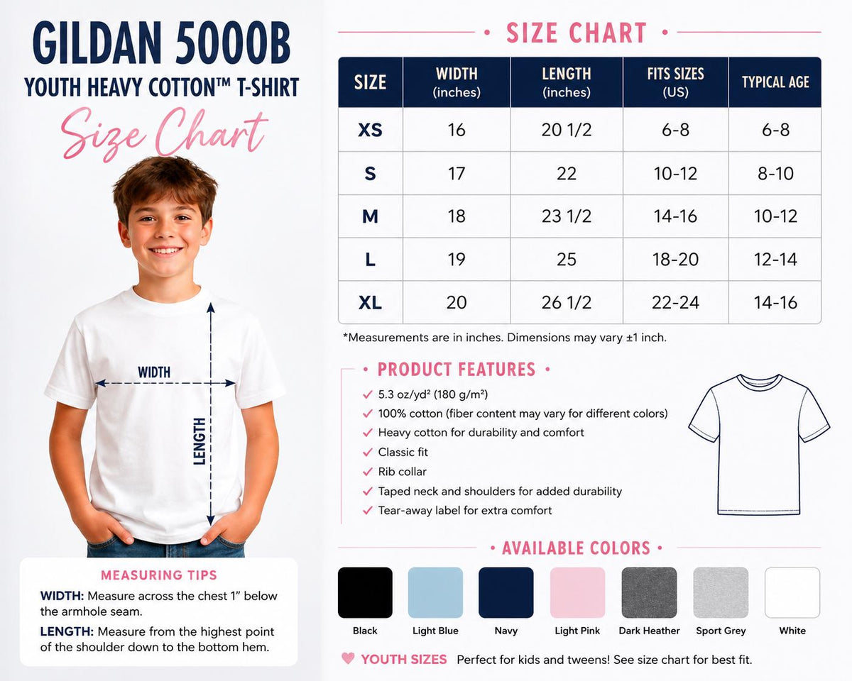Gildan 5000B youth T-shirt size chart showing XS to XL measurements, shirt width, length, available colors, and fit details.