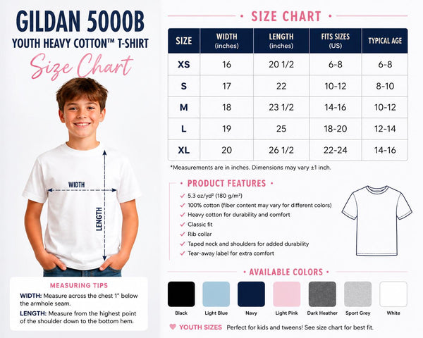 Gildan 5000B youth T-shirt size chart showing XS to XL measurements, shirt width, length, available colors, and fit details.