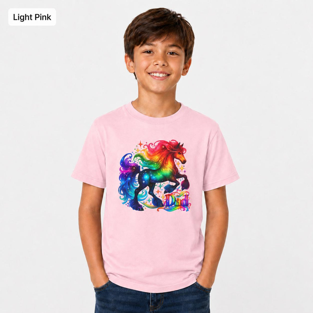 Light pink Gildan 5000B kids shirt featuring a colorful unicorn rainbow graphic in a clean studio mockup.