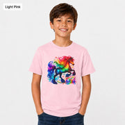 Light pink Gildan 5000B kids shirt featuring a colorful unicorn rainbow graphic in a clean studio mockup.