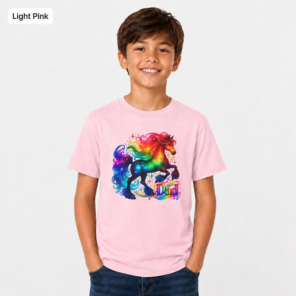Light pink Gildan 5000B kids shirt featuring a colorful unicorn rainbow graphic in a clean studio mockup.