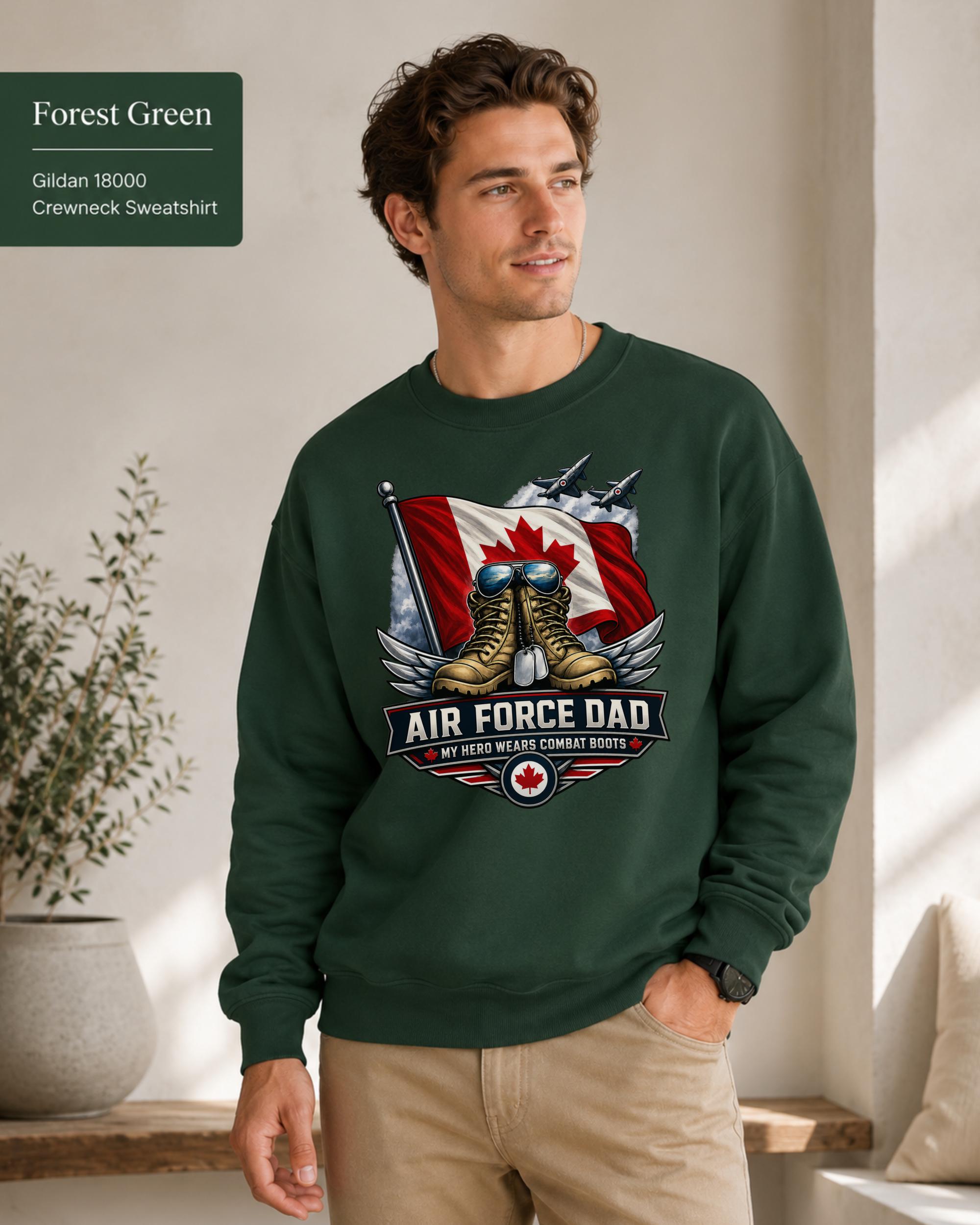 Canadian Air Force Dad crewneck with My Hero Wears Combat Boots text and red maple leaf details.