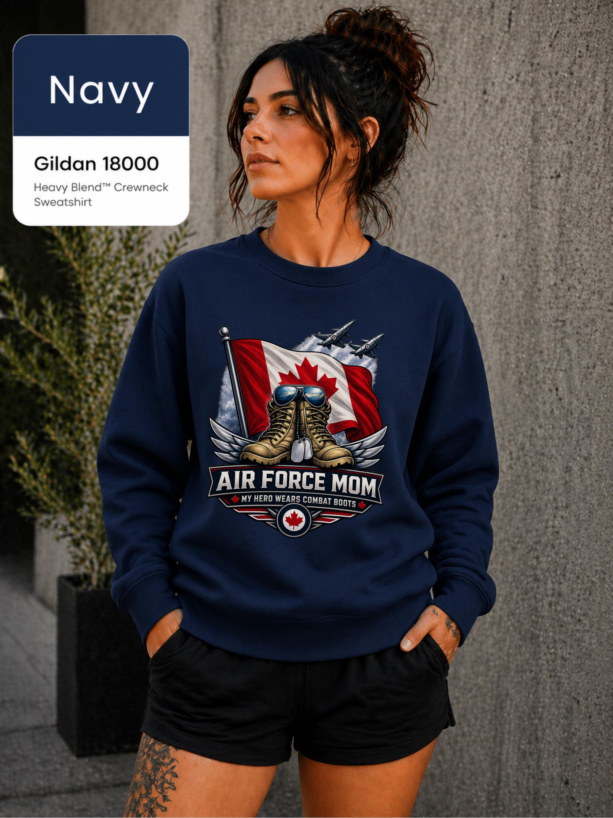 Canadian military Mom sweatshirt featuring My Hero Wears Combat Boots wording and maple leaf accents.