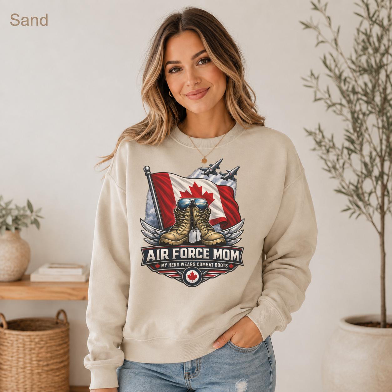 Canadian Air Force family sweatshirt featuring combat boots, dog tags, aircraft, wings, and maple leaf imagery.