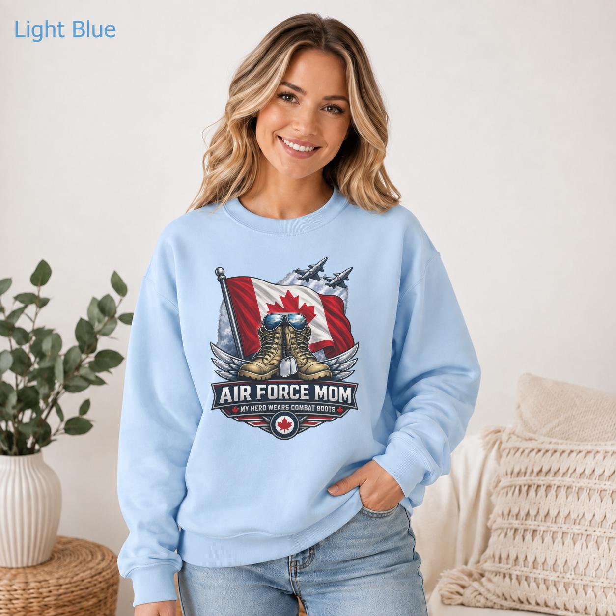 Proud military Mom gift featuring Canadian flag, combat boots, jets, and Air Force Mom lettering.