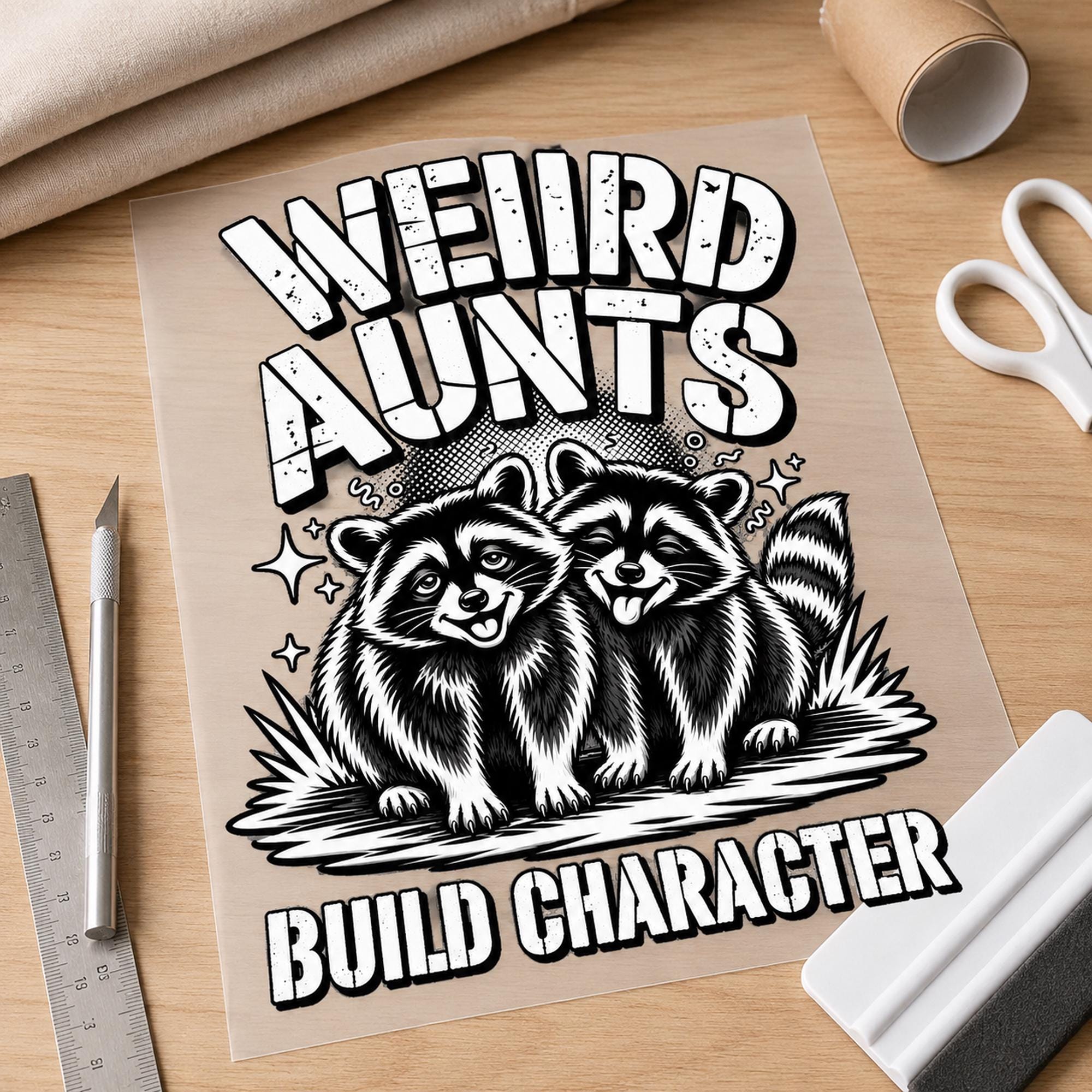 Weird Aunts Build Character raccoon PNG design shown as a printable transfer on a crafting table with tools.