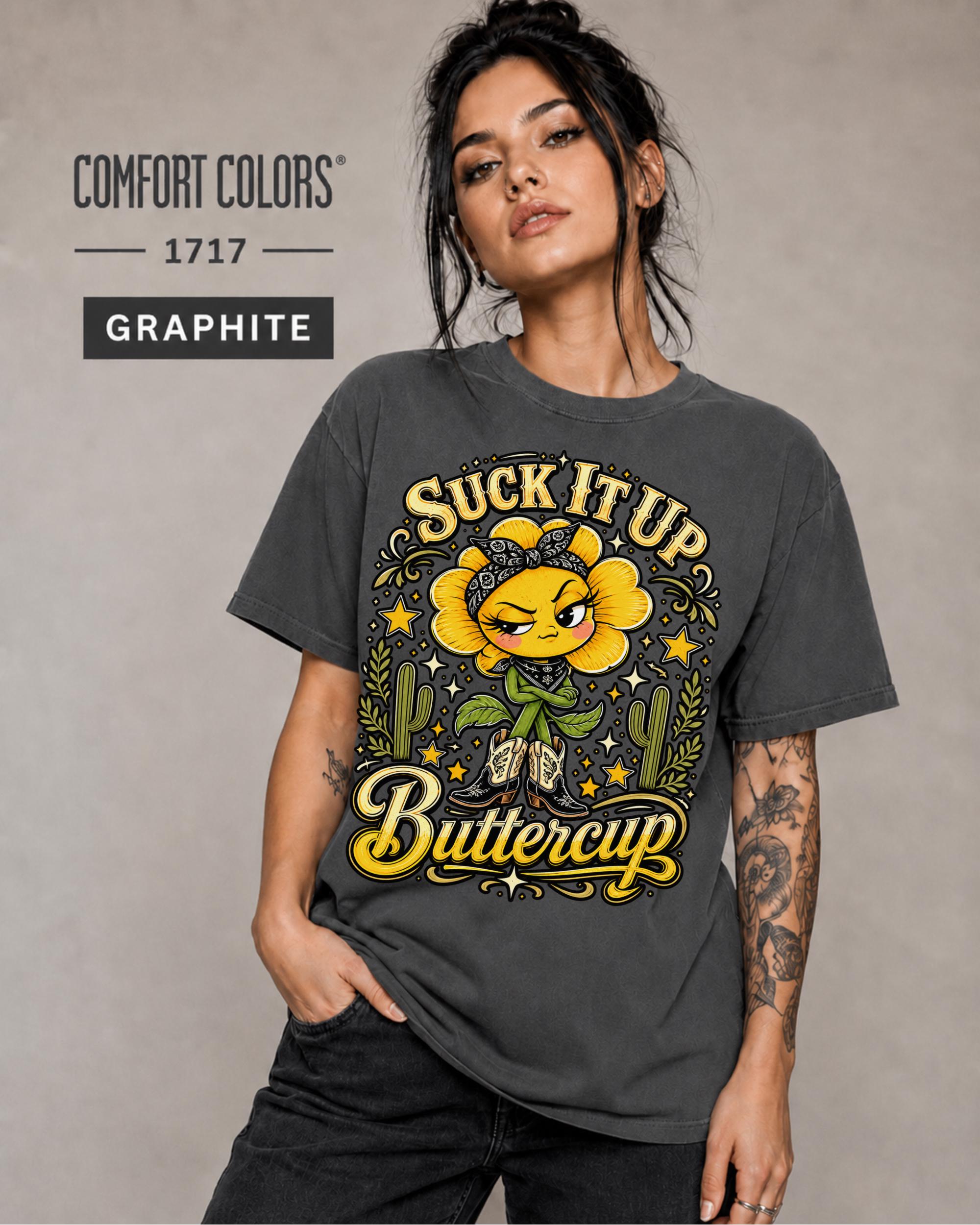 Retro western women’s tee featuring Suck It Up Buttercup text and vintage-inspired illustration.